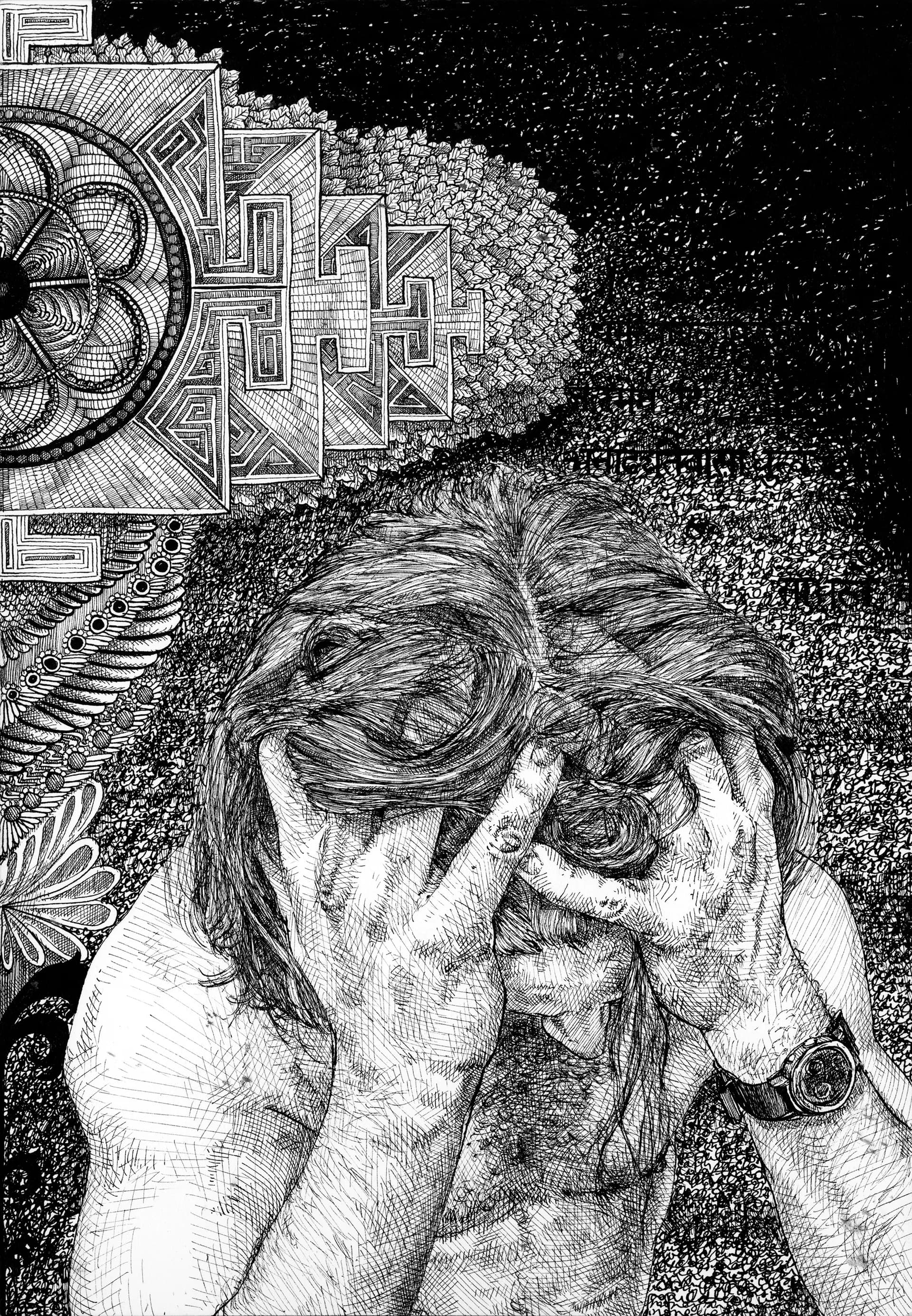 Black and white ink drawing showing a face with hands covering eyes, surrounded by geometric architectural patterns and starry void, meticulously detailed.