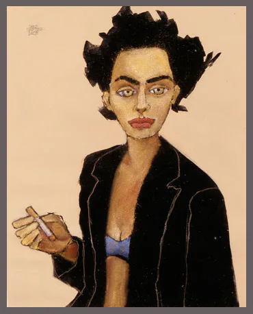 Oil pastel portrait drawing of figure with exaggerated spiky black hair buns, wearing black blazer and purple bra, holding cigarettes, on tan paper background.