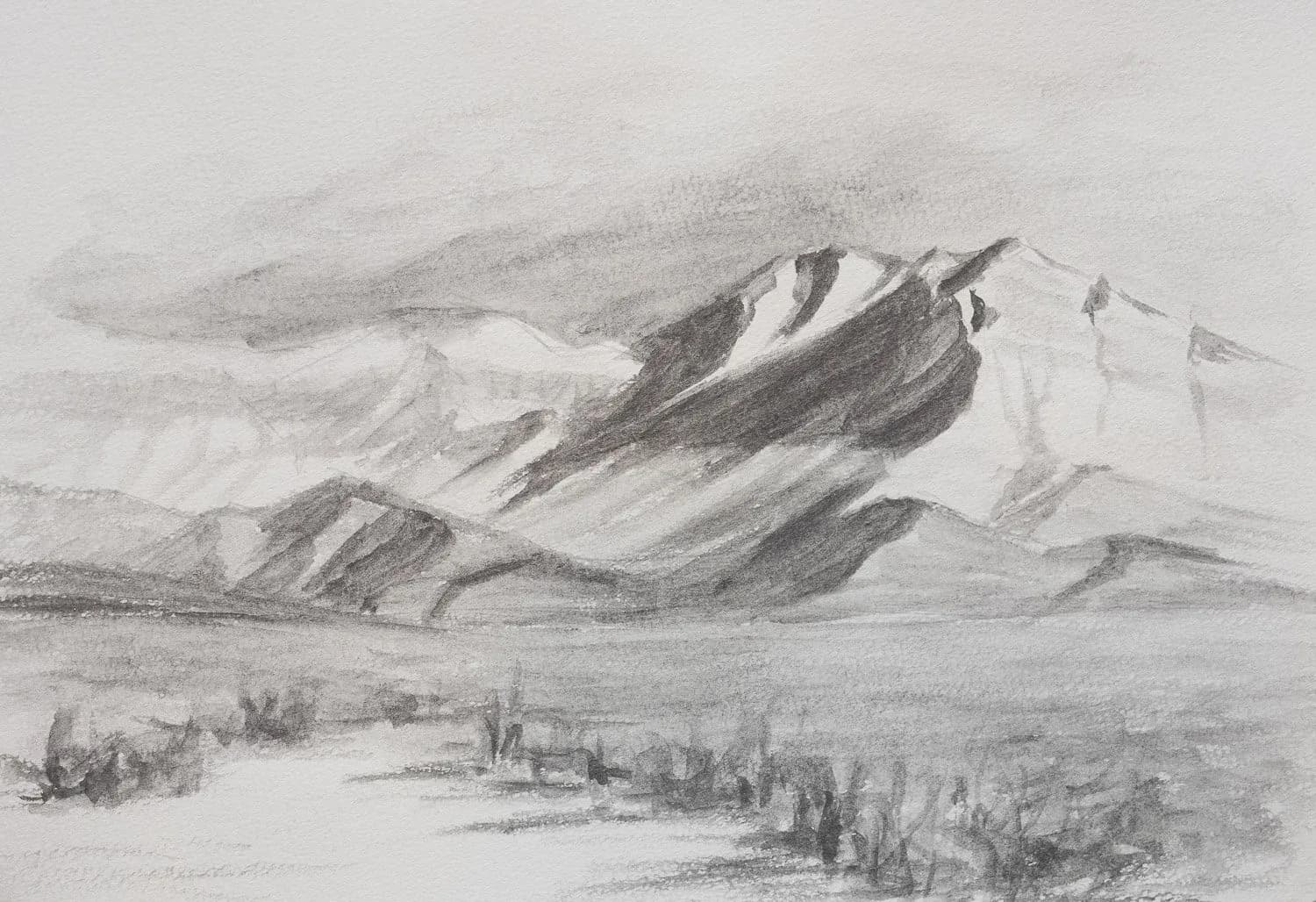 Oil painting of a line of hikers traversing a sweeping glacier landscape