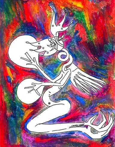 White figure kneeling against vivid rainbow brushstroke background