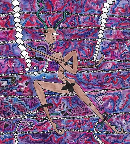 Dancing elongated figure with antennae on vivid pink and blue patterned background