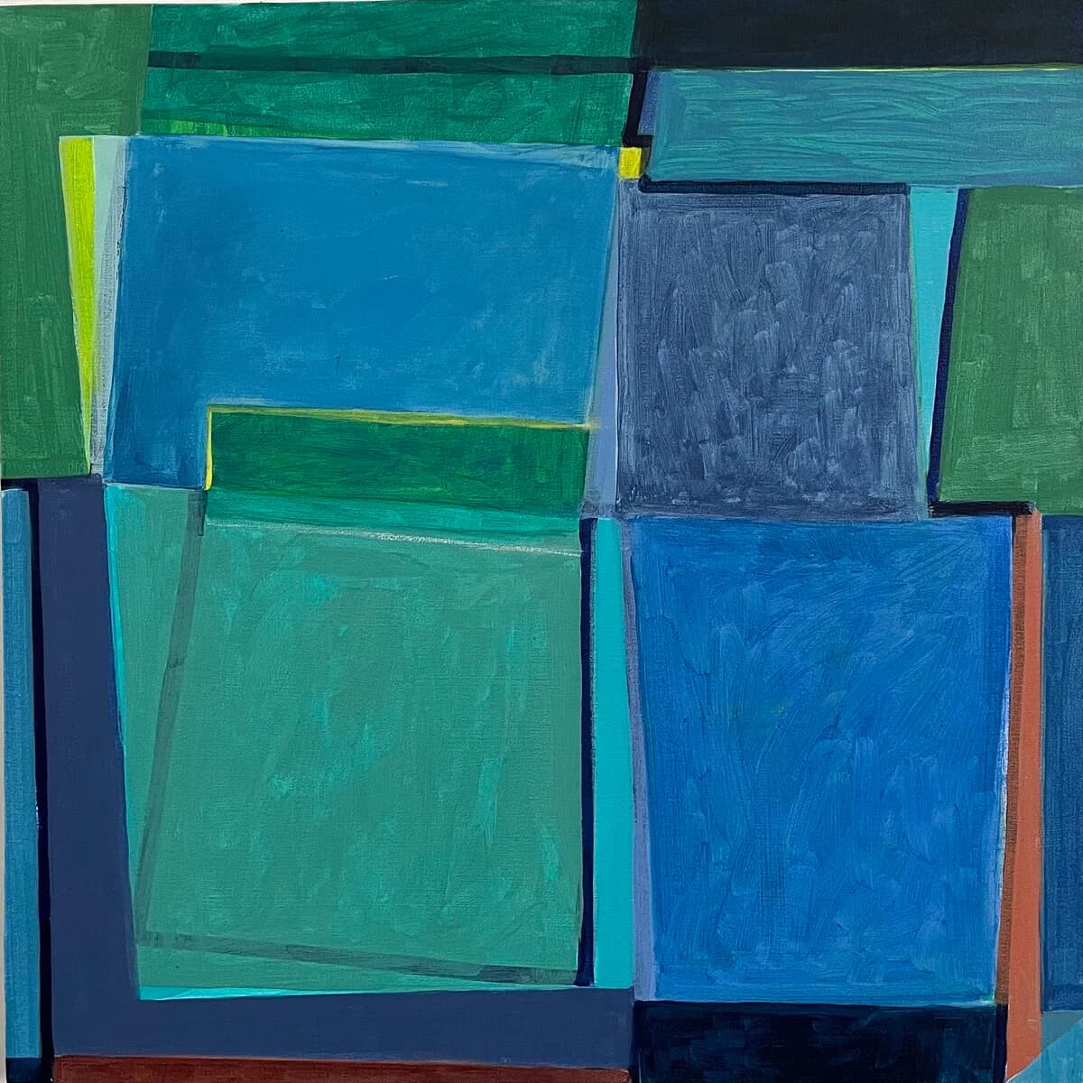 Large-scale abstract painting with overlapping rectangles in blue, teal, green, and indigo