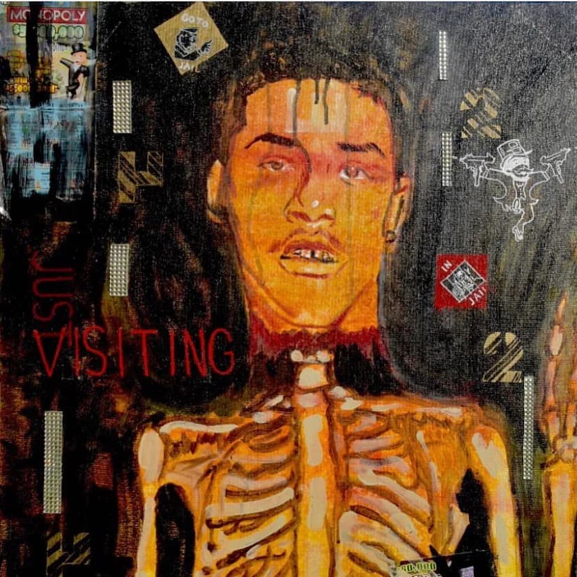 Mixed media painting of a skeletal figure with Monopoly collage elements titled Just Visiting