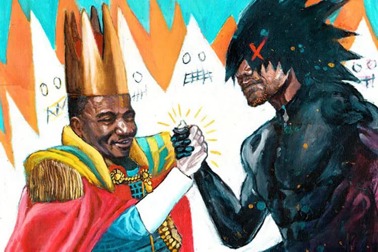 Colorful painting of two figures in elaborate dress shaking hands against a turquoise background with orange zigzag patterns, by Charles G. Esperanza.