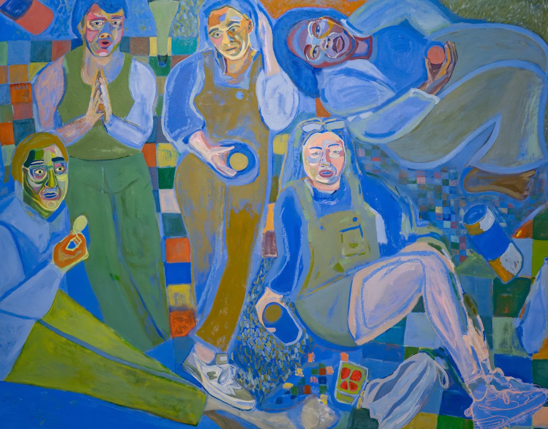 Large-scale figurative painting in blue and green tones with multiple figures against a checkered background