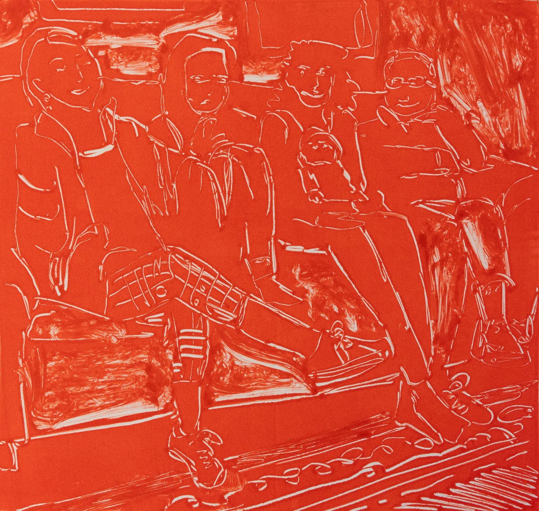 Red monochromatic print or painting of figures seated together with gestural white lines