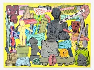 Large-scale painting with classical sculpture figures and colorful patterned elements on yellow background
