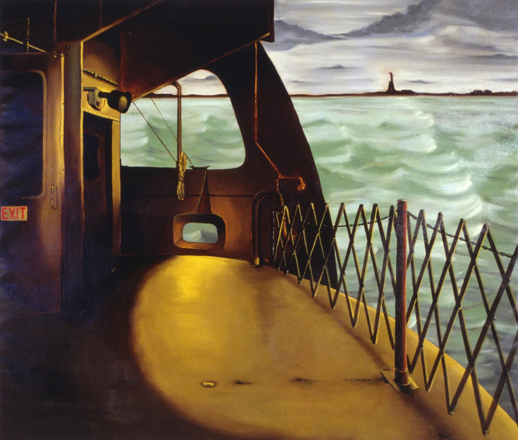 Painting of a view from inside an industrial vessel or ferry cabin with metal railing, warm interior lighting, and turbulent green ocean visible through window.