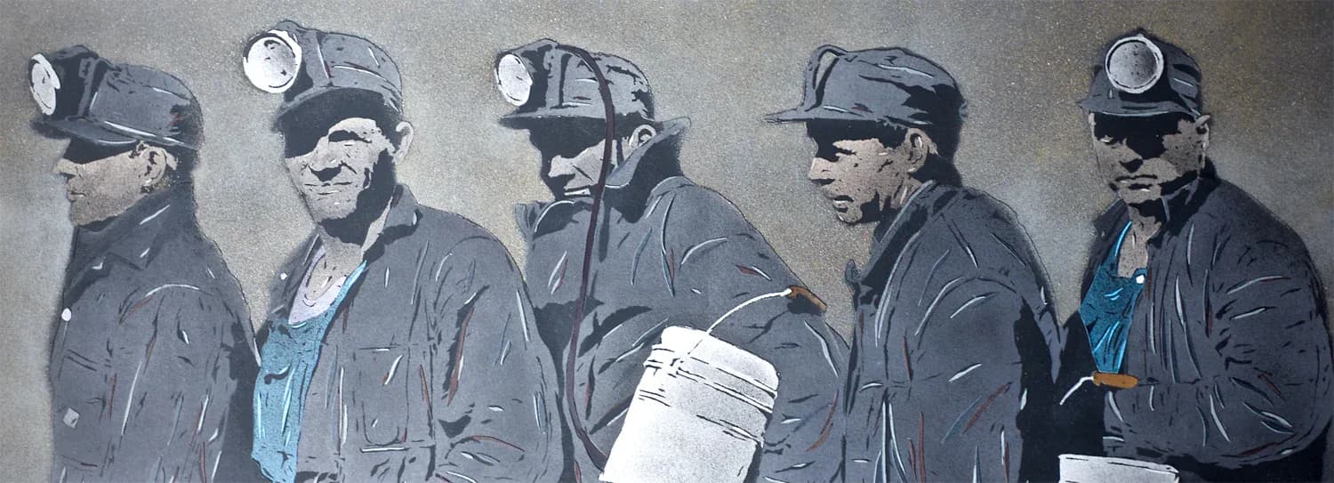 Five coal miners in work attire and headlamps depicted in grayscale stencil-style painting against neutral background.