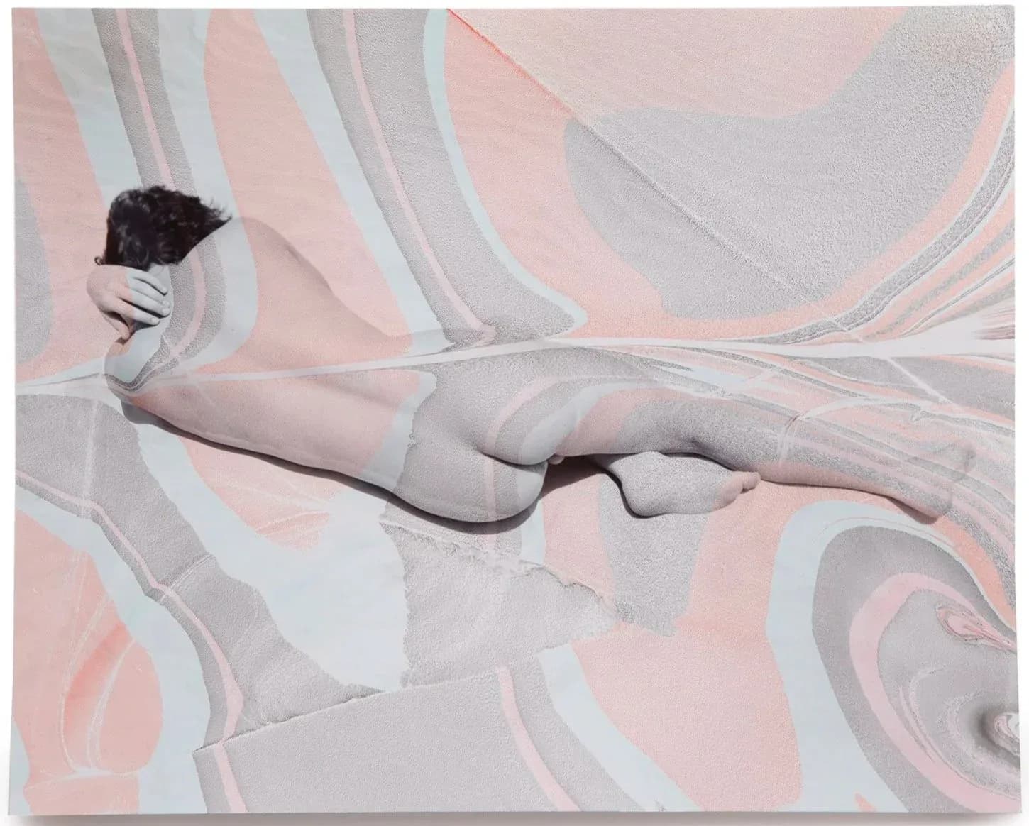Abstracted figure wrapped in translucent fabric against flowing pastel pink and gray organic shapes.