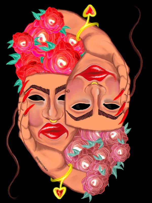 Digital illustration of two stylized faces with bold red lips and eyes, adorned with bright neon-glowing pink and red flowers and heart symbols.