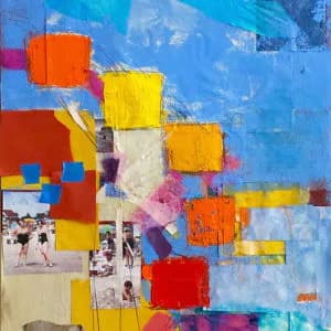 Abstract mixed media collage with colorful geometric shapes and vintage beach photographs