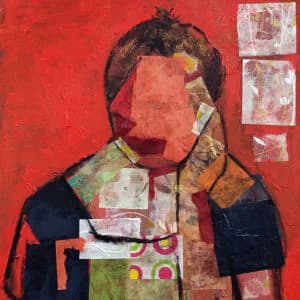 Mixed media figurative collage portrait on red background