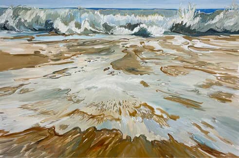 Large oil painting of ocean waves crashing on sandy shore