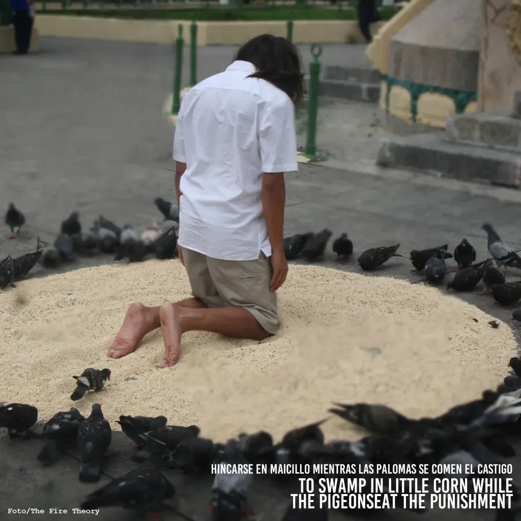 Performer kneeling in circle of grain surrounded by pigeons in public plaza