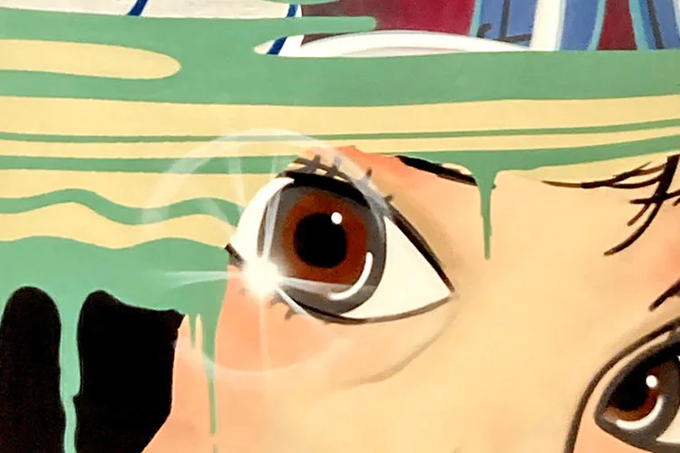 Colorful painted face with wide brown eyes and green striped background, mixed-media style characteristic of Crash's street art.