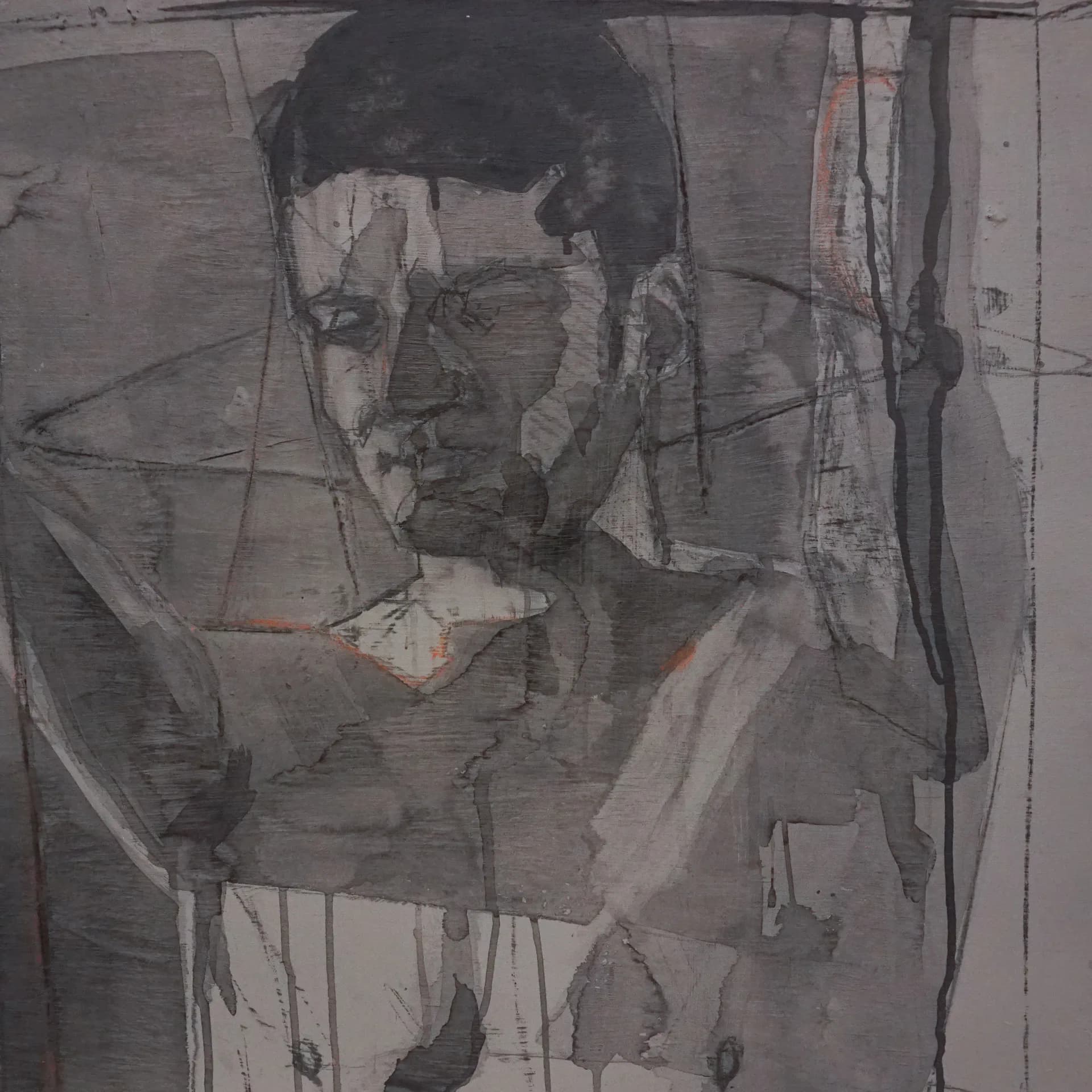 Ink and mixed-media portrait of a figure with orange accent marks and grey washes on layered paper