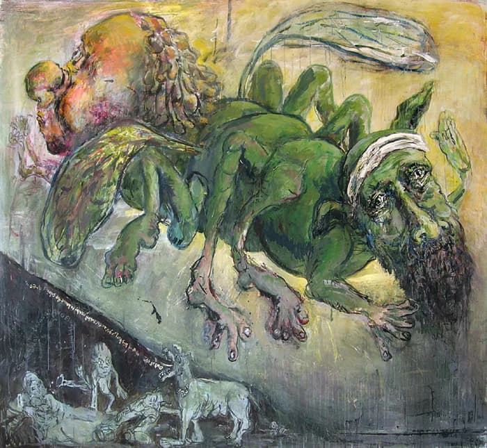 Large figurative painting of green creature-like figures in dynamic composition
