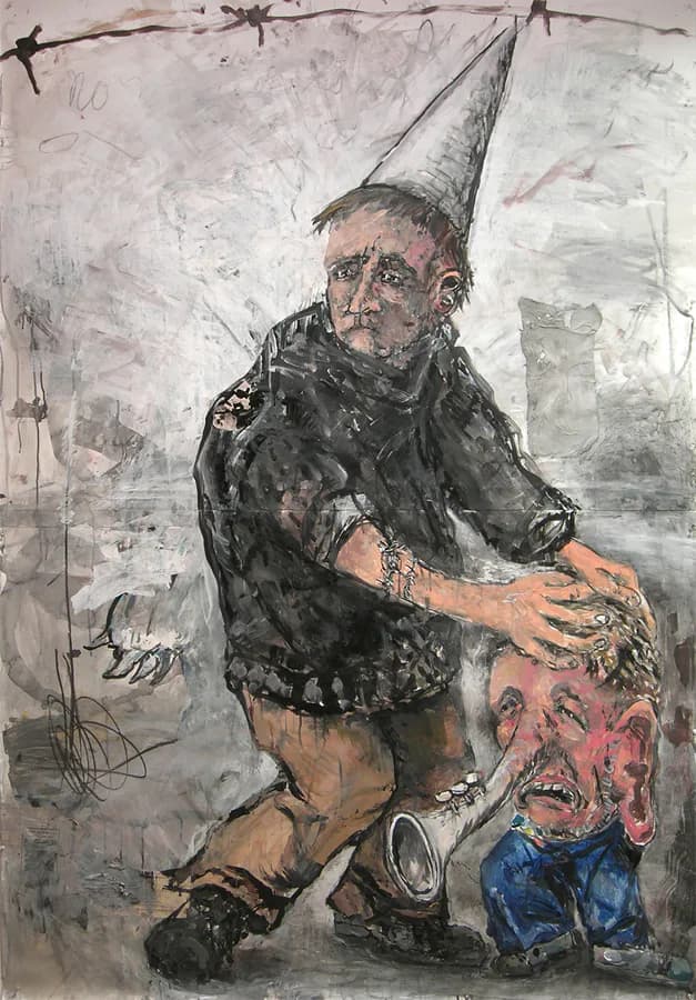 Painting of dunce-capped figure holding severed head