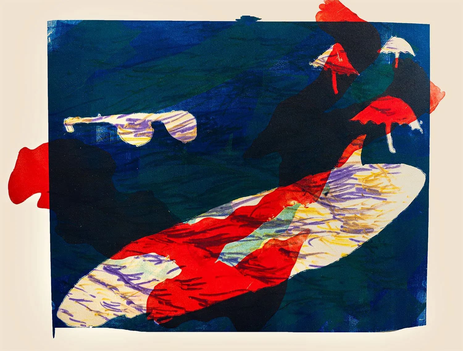 Abstract monoprint with blue background, surfboard and umbrella motifs in red and white