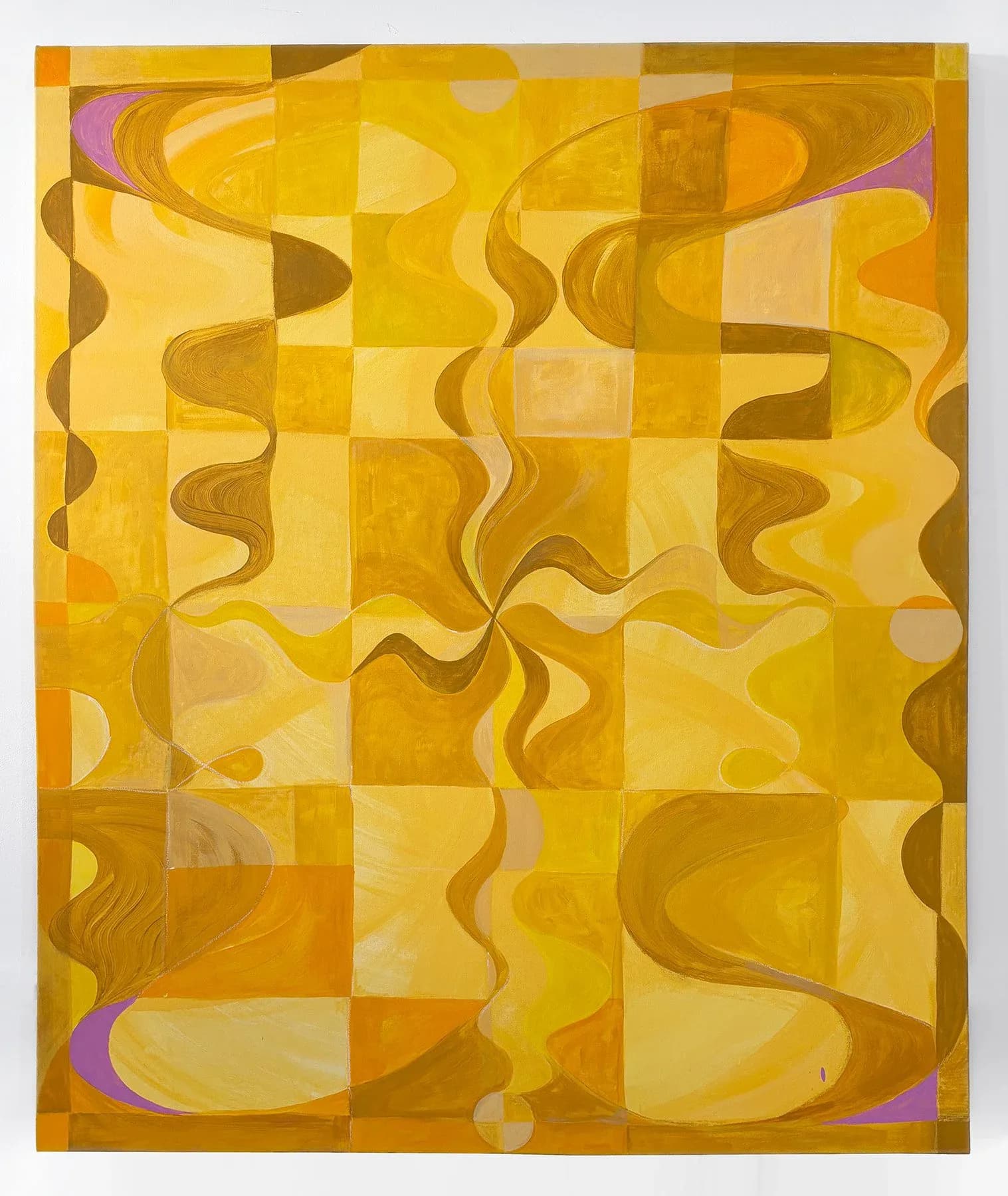 Large-scale yellow abstract painting with checkerboard grid and undulating wave forms