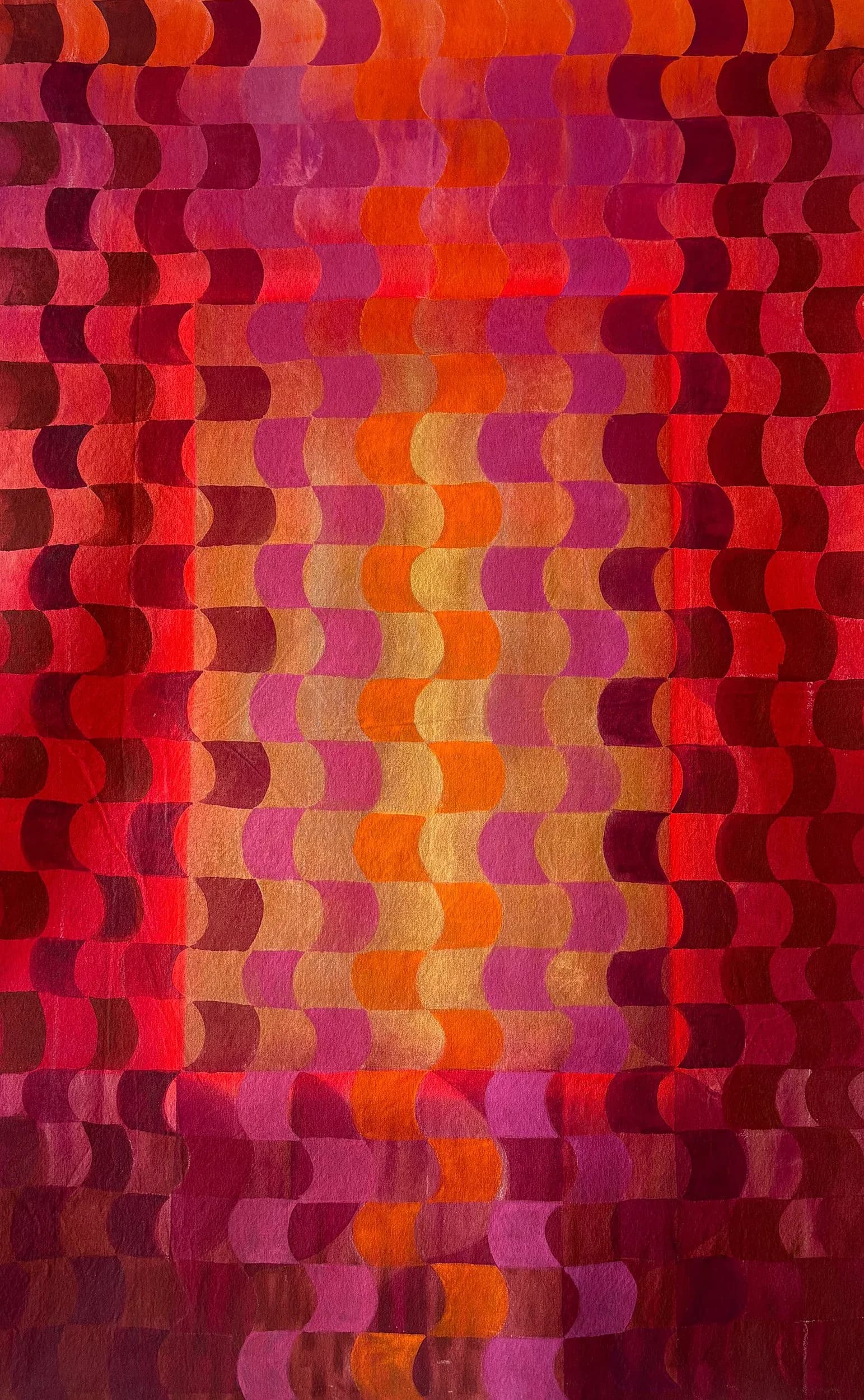 Large abstract painting with repeating rounded rectangular units in red, orange, magenta and purple gradient
