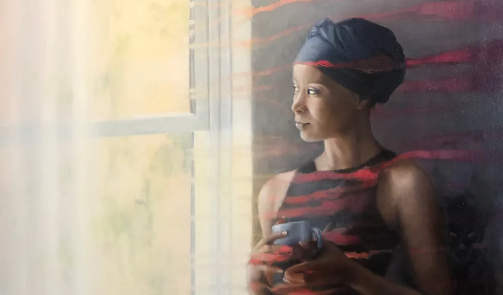 Oil painting of a woman holding a mug looking out a window with expressive brushwork