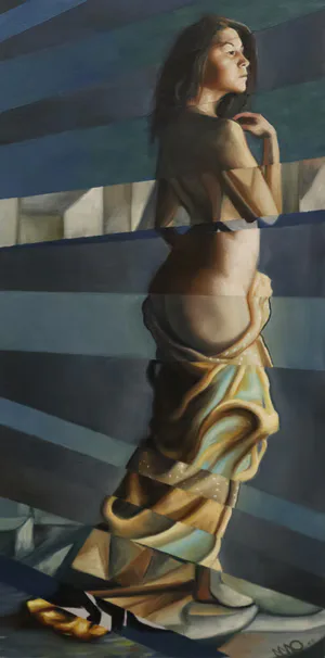 Oil painting of a standing female figure with striped blue background