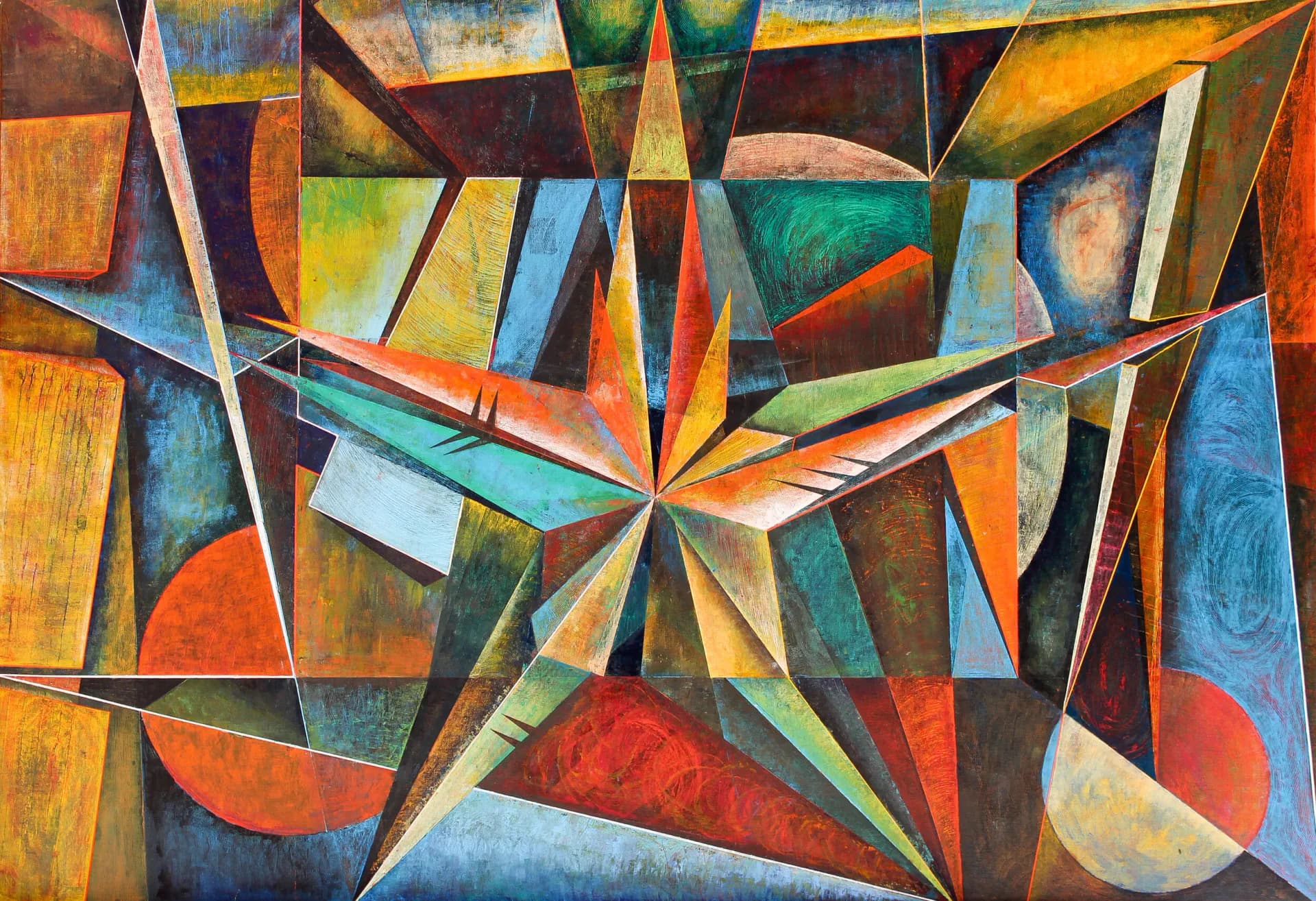 Large-scale geometric abstract painting with star burst composition in warm oranges, blues and greens