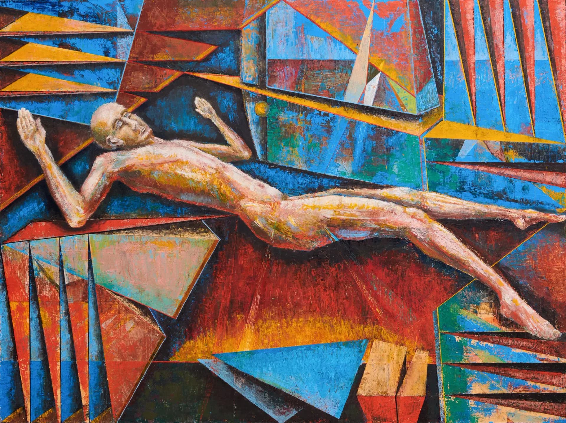 Figurative painting of a reclining nude male figure against a geometric abstract background in red and blue