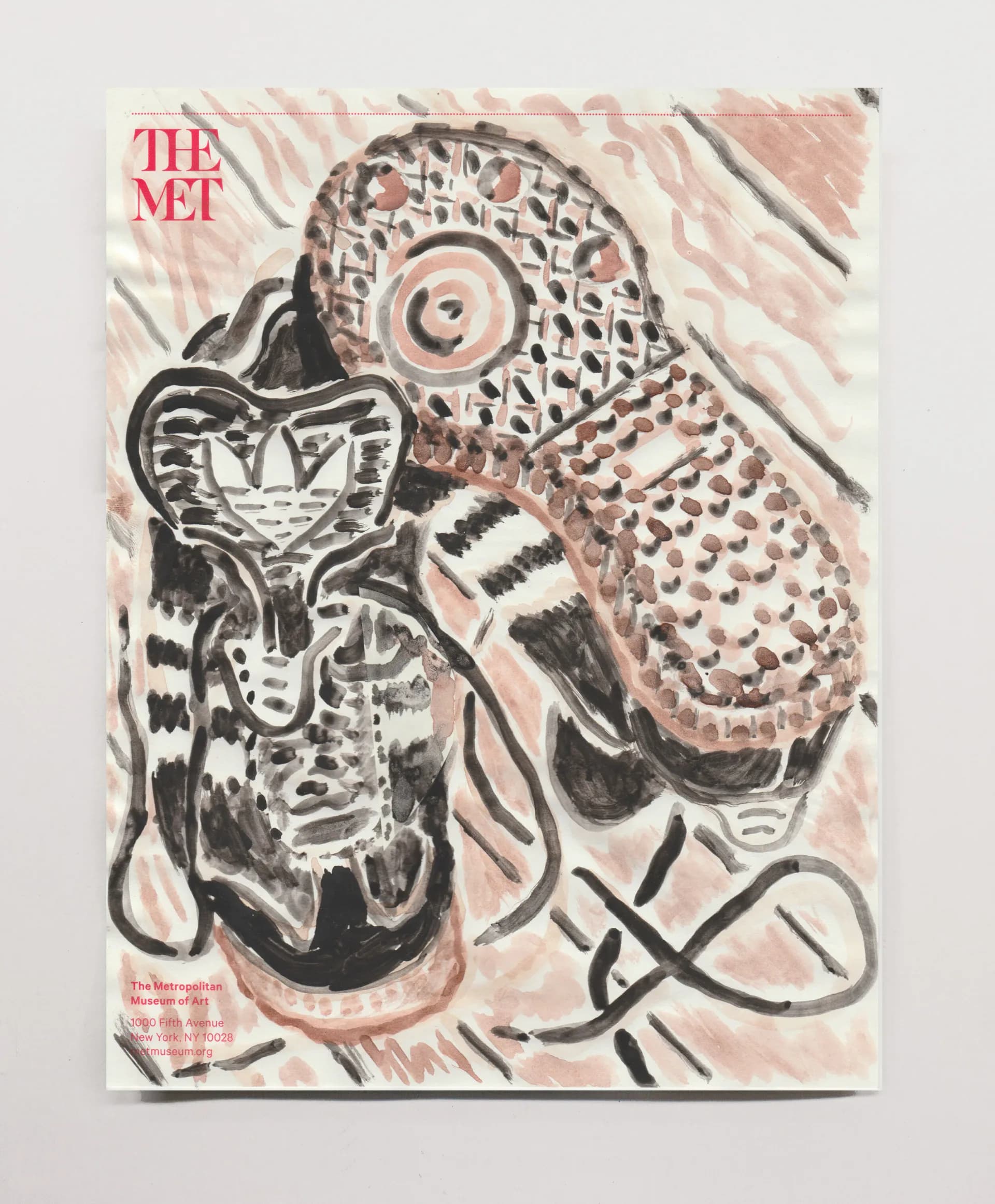 Watercolor painting of sneakers rendered in brown and black ink on Metropolitan Museum letterhead