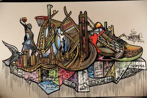 Complex graffiti artwork featuring basketball player, sneaker, cityscape and geometric elements