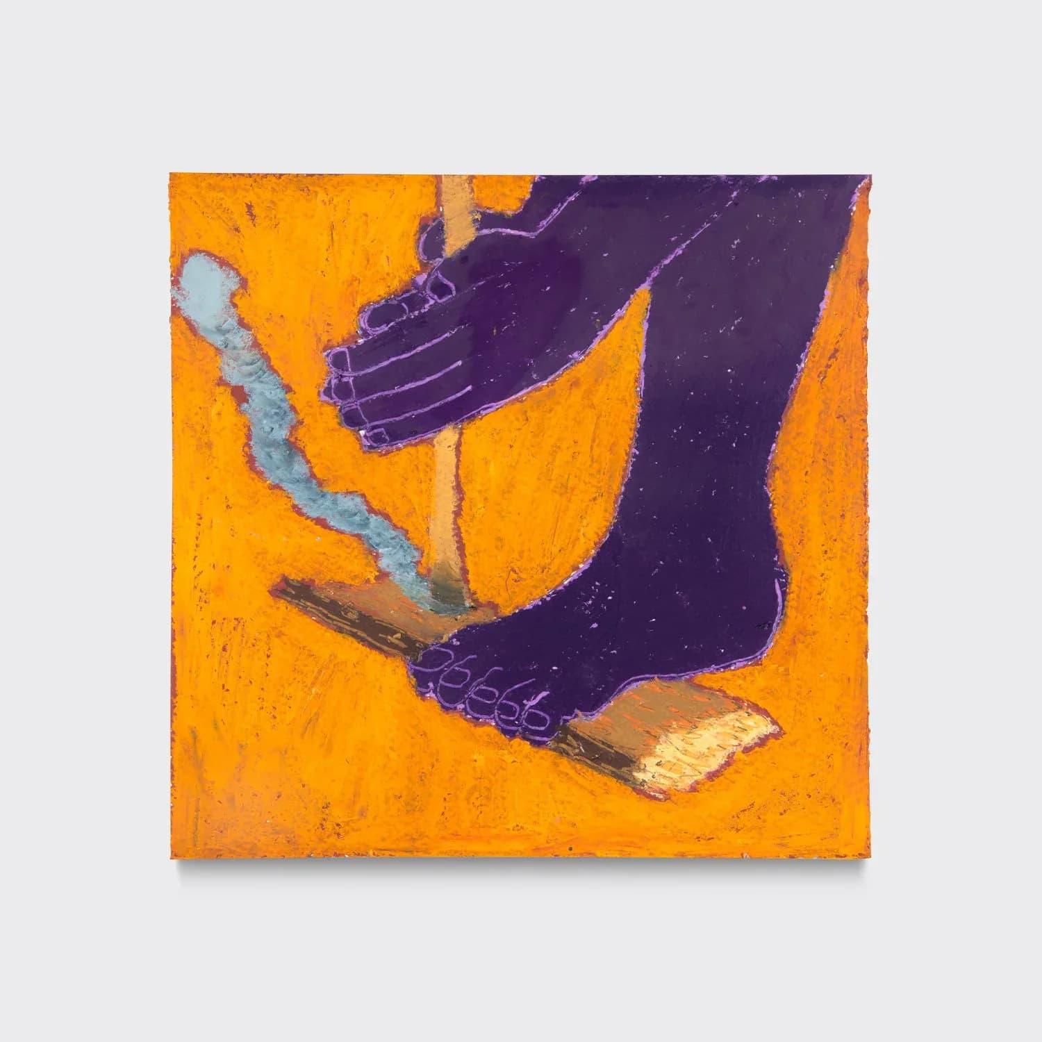 Close-cropped oil pastel of dark purple bare feet and hand gripping a stick on vivid orange ground