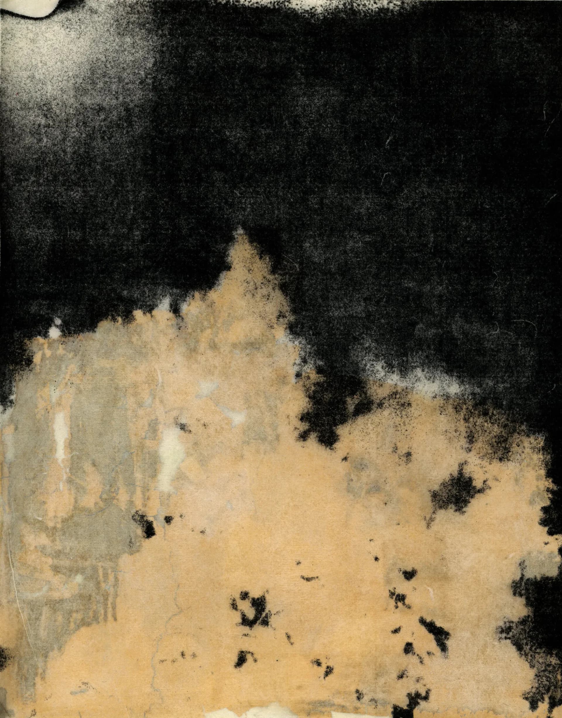 Monotype print of draped dark fabric form on grey ground with fine thread lines