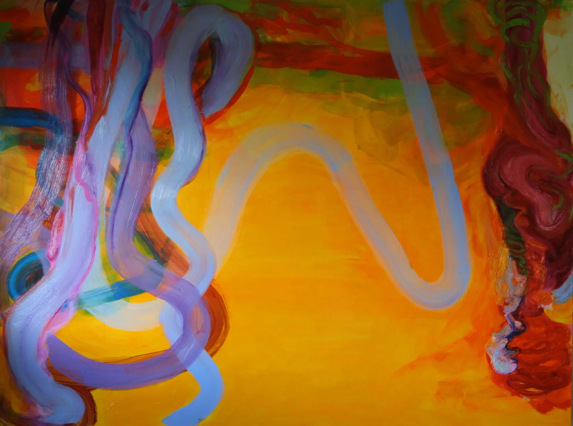 Abstract painting with bold purple and blue serpentine lines over a vivid yellow-orange ground