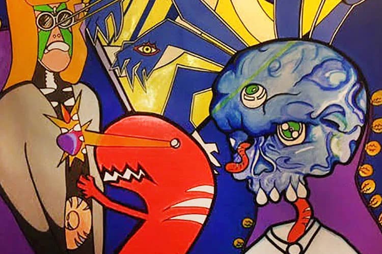 Mixed-media painting featuring stylized characters with exaggerated features in vibrant orange, blue, yellow, and purple tones against an abstract background.