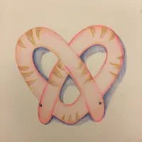 Watercolor painting of a pretzel-shaped form in soft pink with blue interior details and red dotted accents.