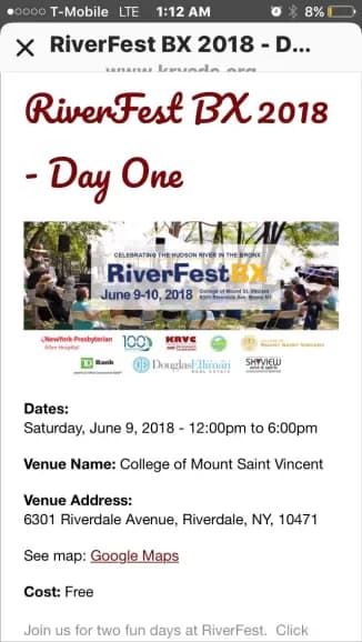 Event flyer for RiverFest BX 2018 Day One at College of Mount Saint Vincent, June 9, 2018, with event details and sponsors listed.