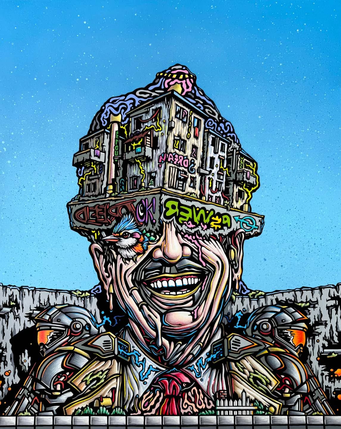 Illustration of a grinning face with a cityscape building integrated into the head, wearing graffiti-tagged goggles, set against bright blue sky.