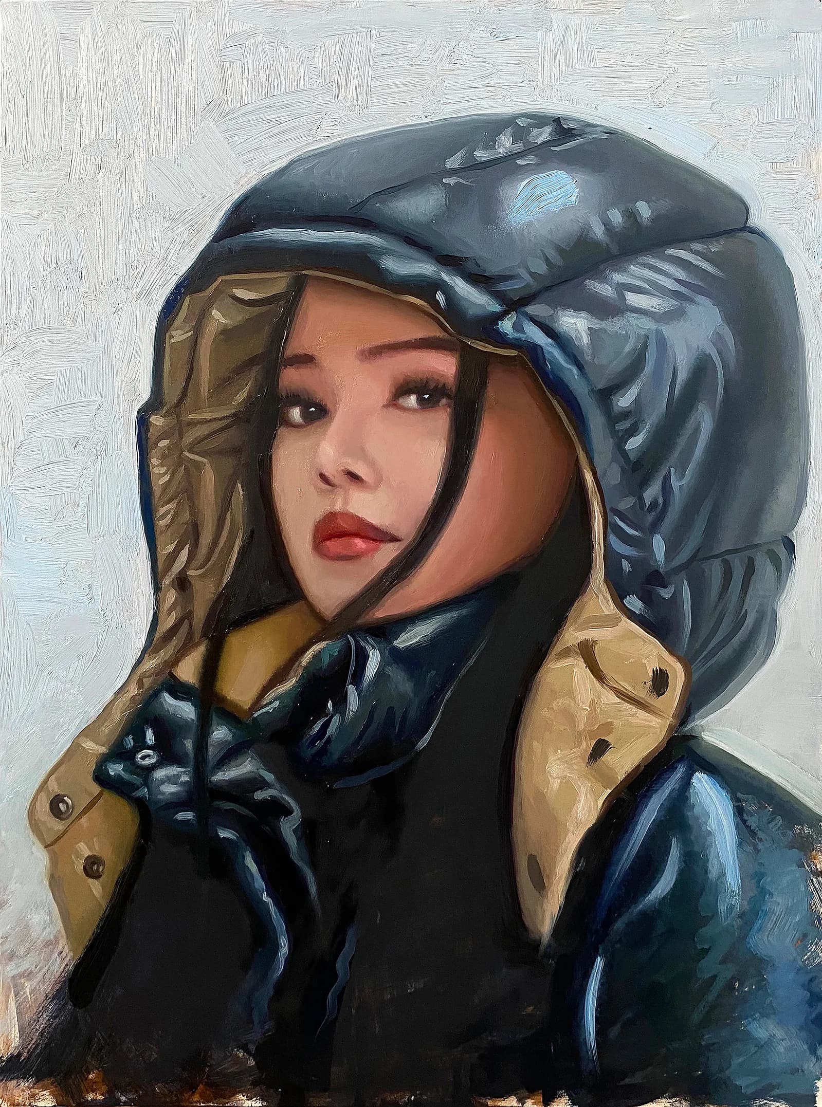 Oil painting of young woman in black and tan hooded jacket against light background, realistic style with expressive gaze.