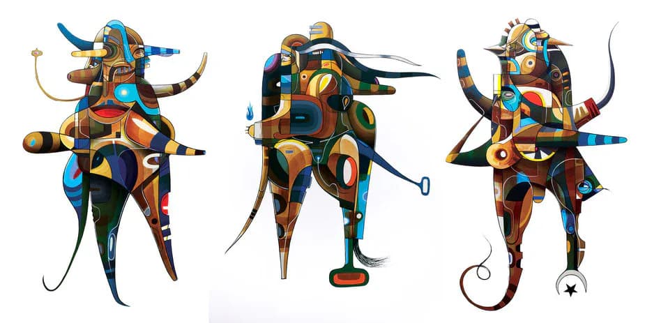 Three colorful abstract character designs with geometric shapes, mechanical elements, and curved forms in blue, orange, and gold tones.