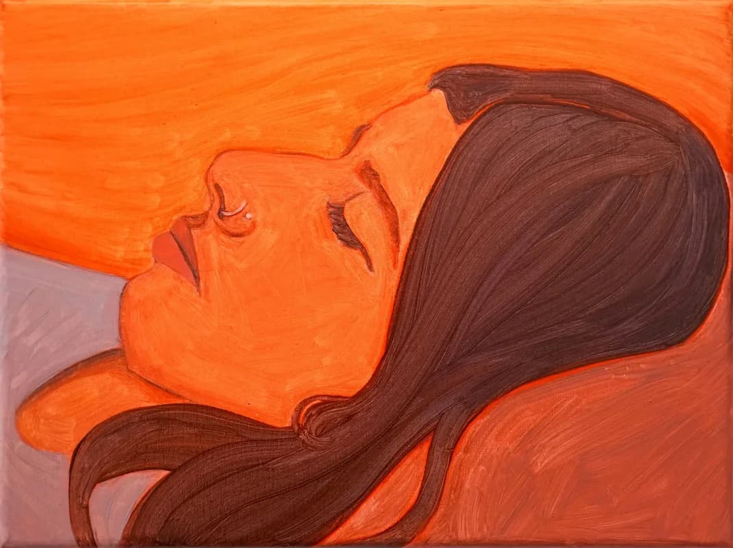 Painting of a sleeping woman with long dark hair against an orange background