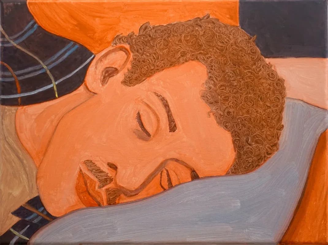 Painting of a sleeping man with curly hair on a pillow with orange and dark background