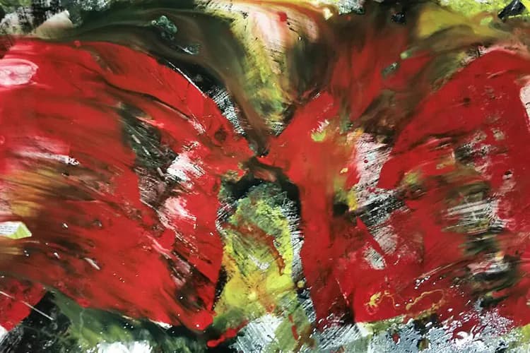 Abstract painting with bold red brushstrokes and green, yellow, and white accents on a layered, textured background.