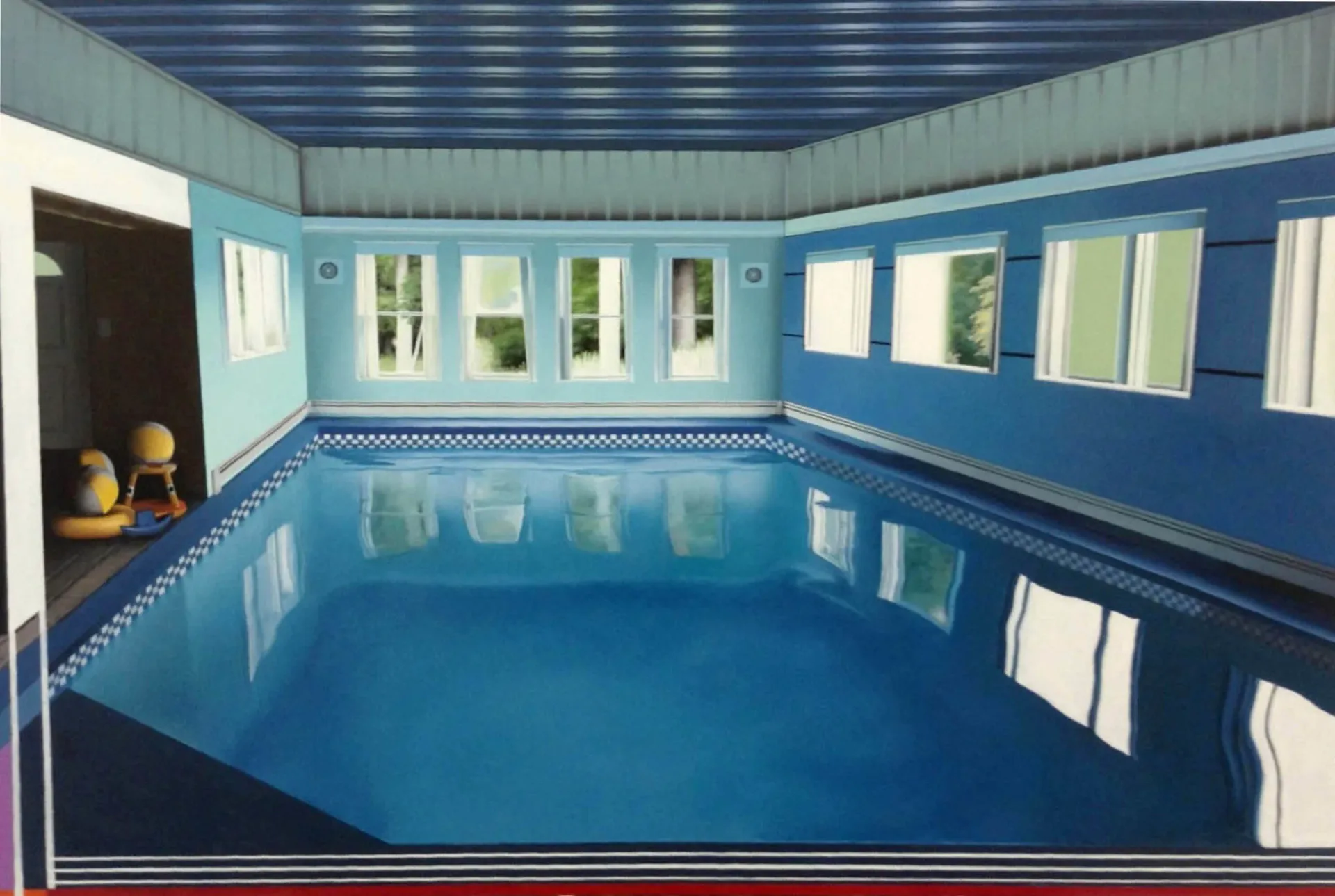 Realist painting of an indoor swimming pool with blue walls and windows