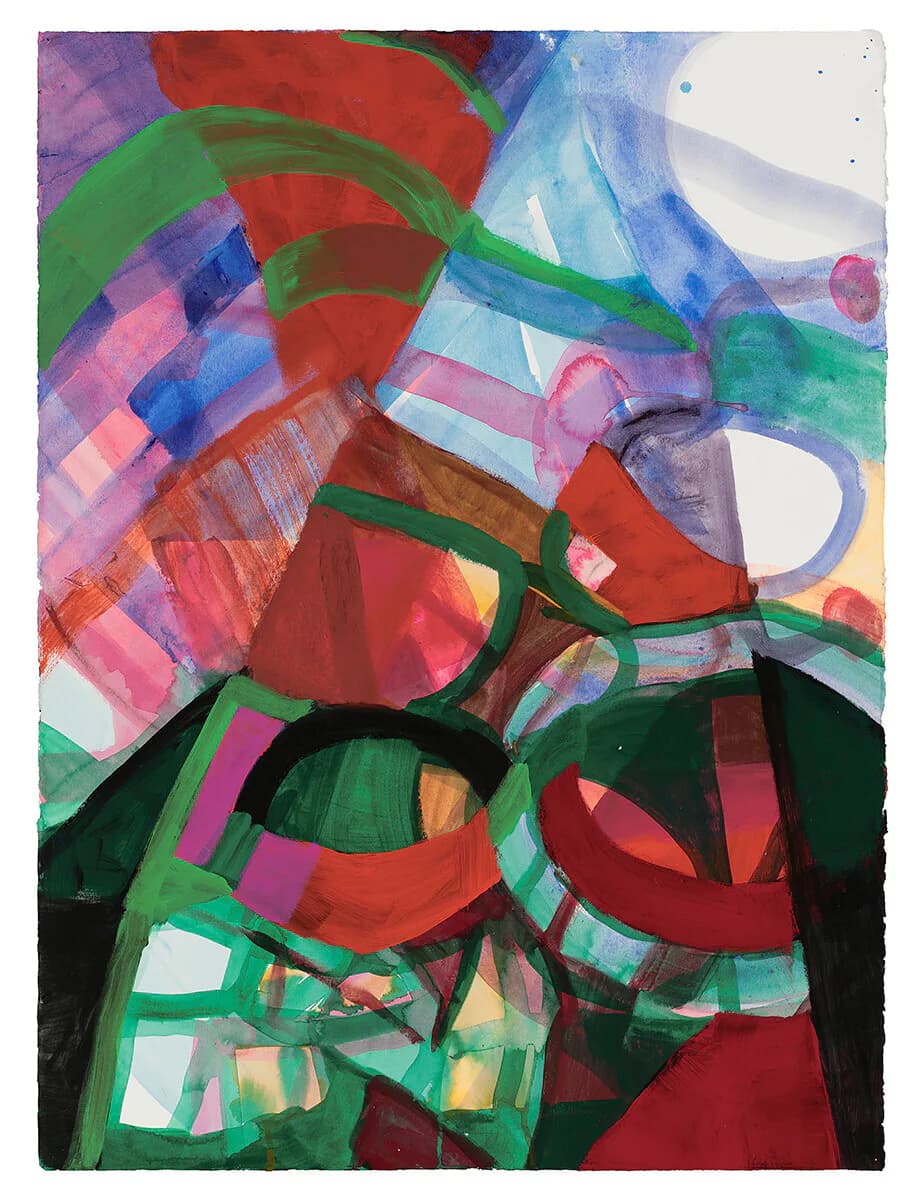 Abstract painting with bold green and red circular and sweeping forms on paper