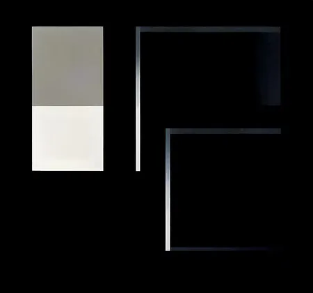 Minimalist abstract composition with a two-toned rectangle (gray and white) on the left and two dark rectangular forms on the right against black background.