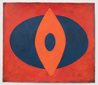 Nested oval forms in orange and blue with eye-like center, abstract painting