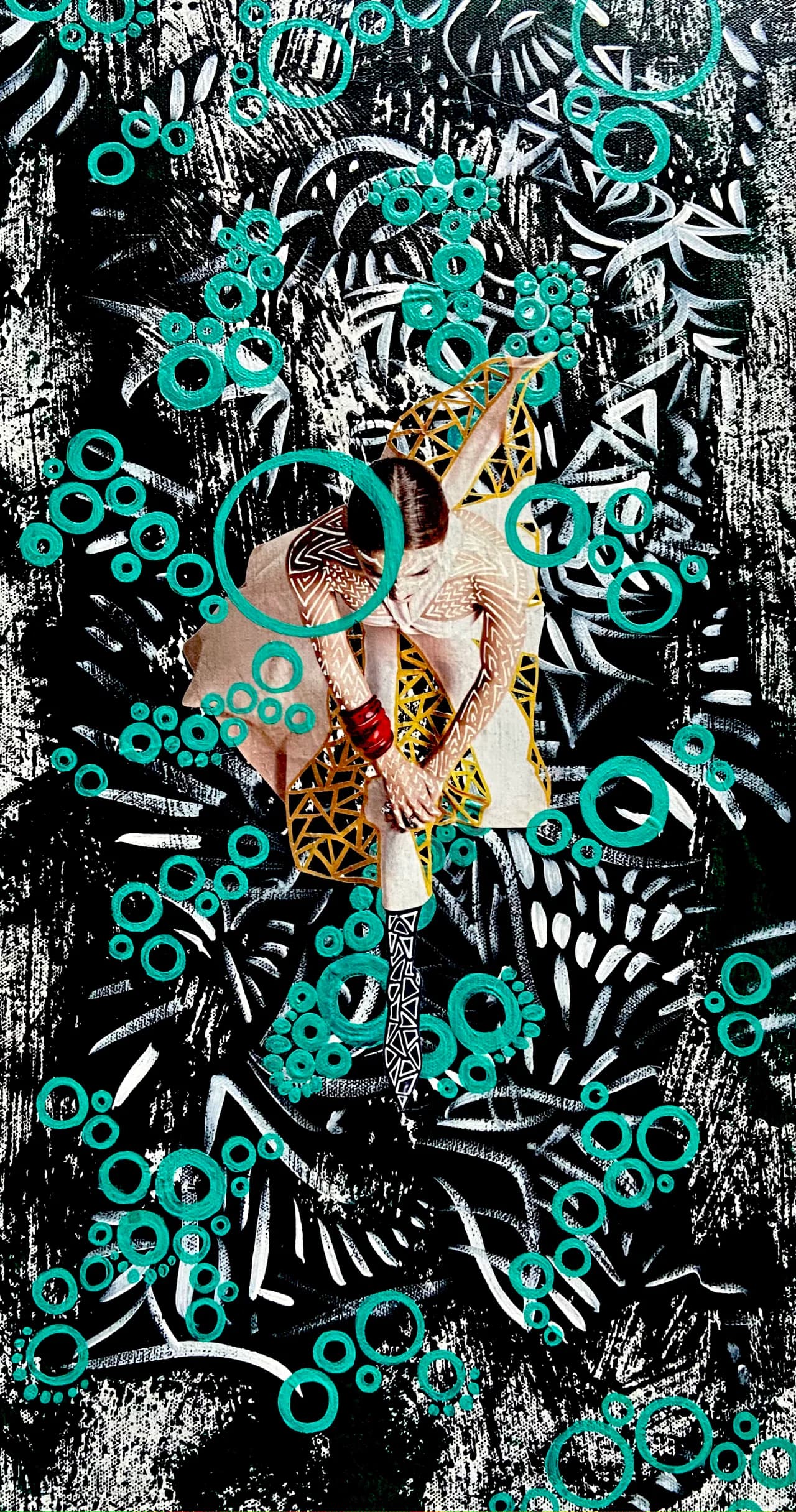 Mixed-media collage combining seated figure with hand tattoo against black-and-white geometric pattern, overlaid with bright turquoise circular shapes.