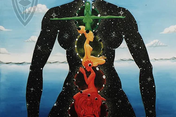 Mixed-media painting by Evan T. Bishop depicting a silhouetted human figure filled with cosmic imagery, a glowing green cross, and a red anatomical heart against a blue ocean and sky background.
